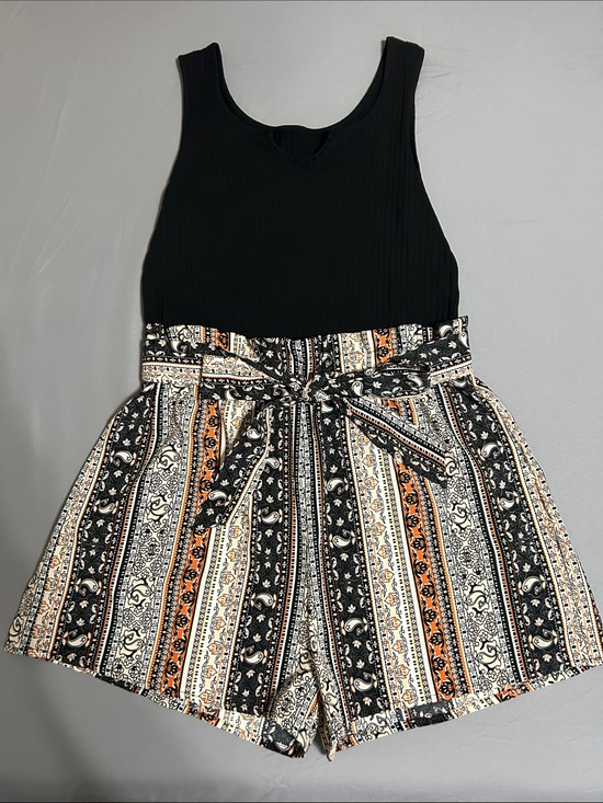 None Pants - Black Tank-Top Romper with Patterned Tie-Waist Shorts